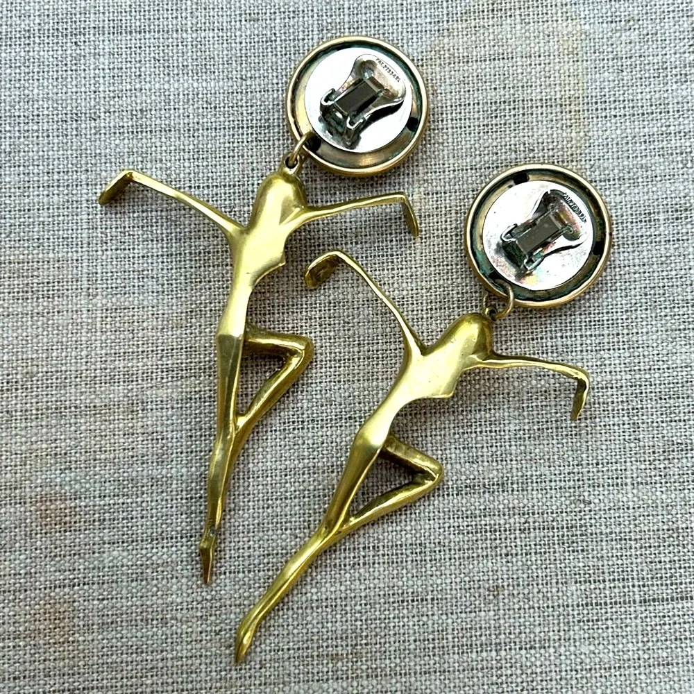 Vintage Brass Earrings Clip On Sculptural Modernist Ballet Dancer Ladies - Picture 4 of 11